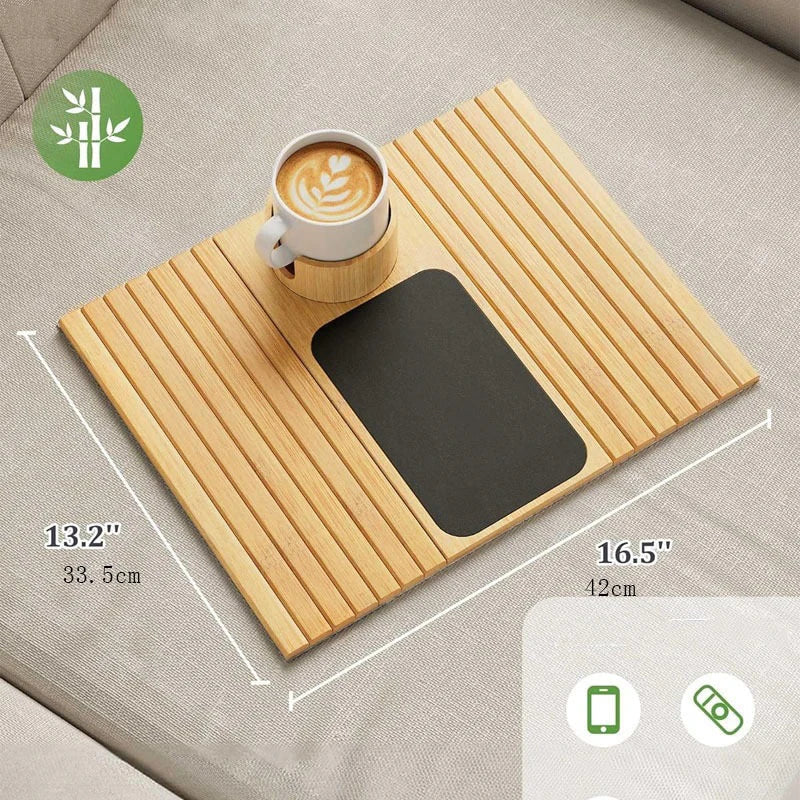 Natural Bamboo Couch Cup Holder – Foldable Sofa Armrest Tray for Drinks, Remote Control & Snacks | Anti-Slip, Multipurpose Design