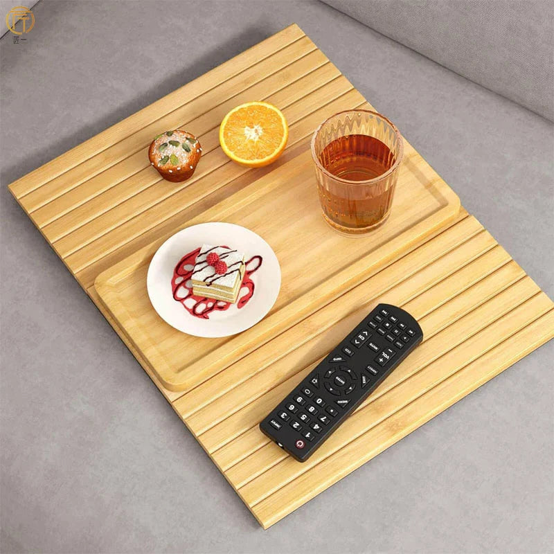 Natural Bamboo Couch Cup Holder – Foldable Sofa Armrest Tray for Drinks, Remote Control & Snacks | Anti-Slip, Multipurpose Design