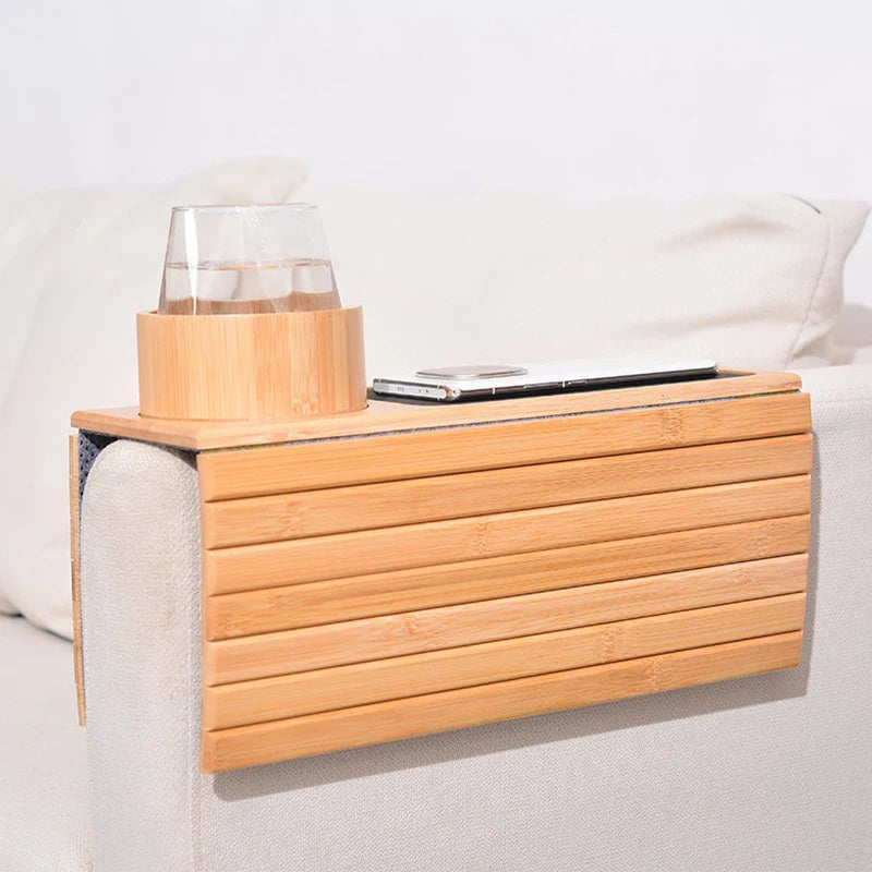 Natural Bamboo Couch Cup Holder – Foldable Sofa Armrest Tray for Drinks, Remote Control & Snacks | Anti-Slip, Multipurpose Design